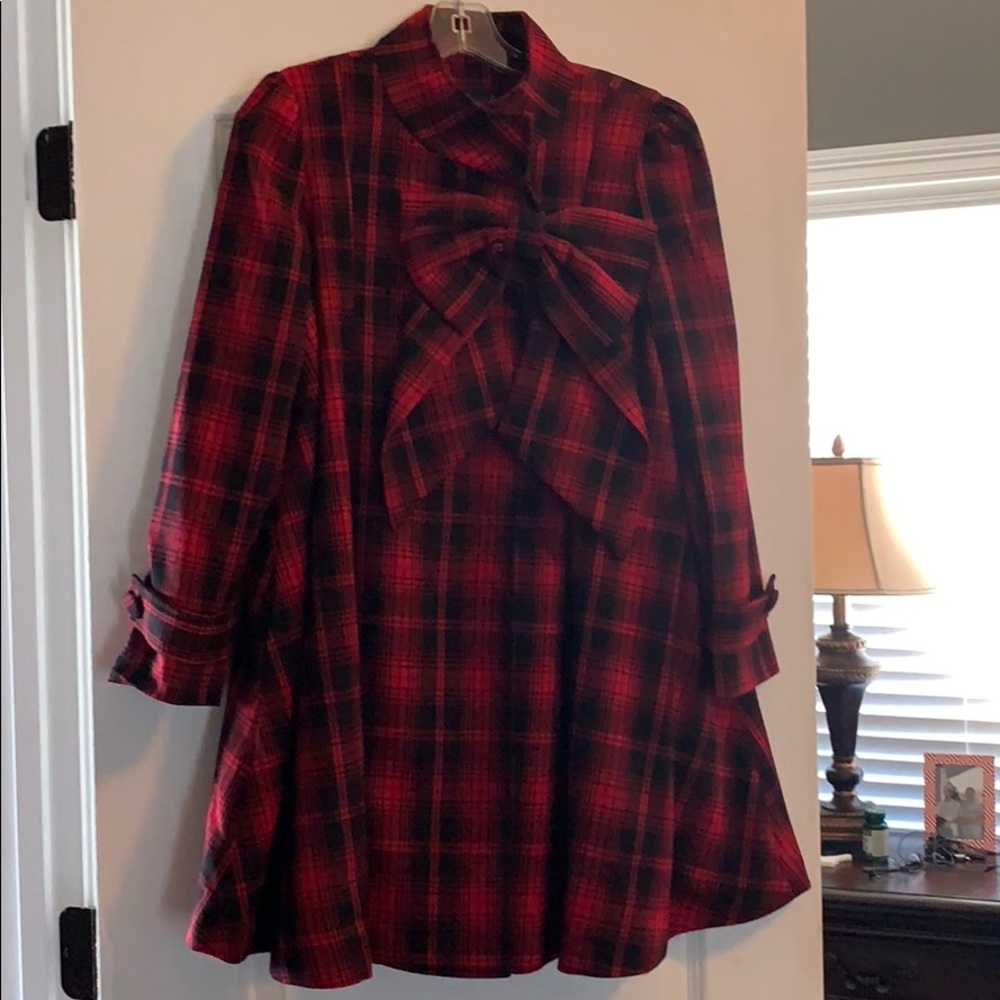 Red and Black Plaid Coat with Bow